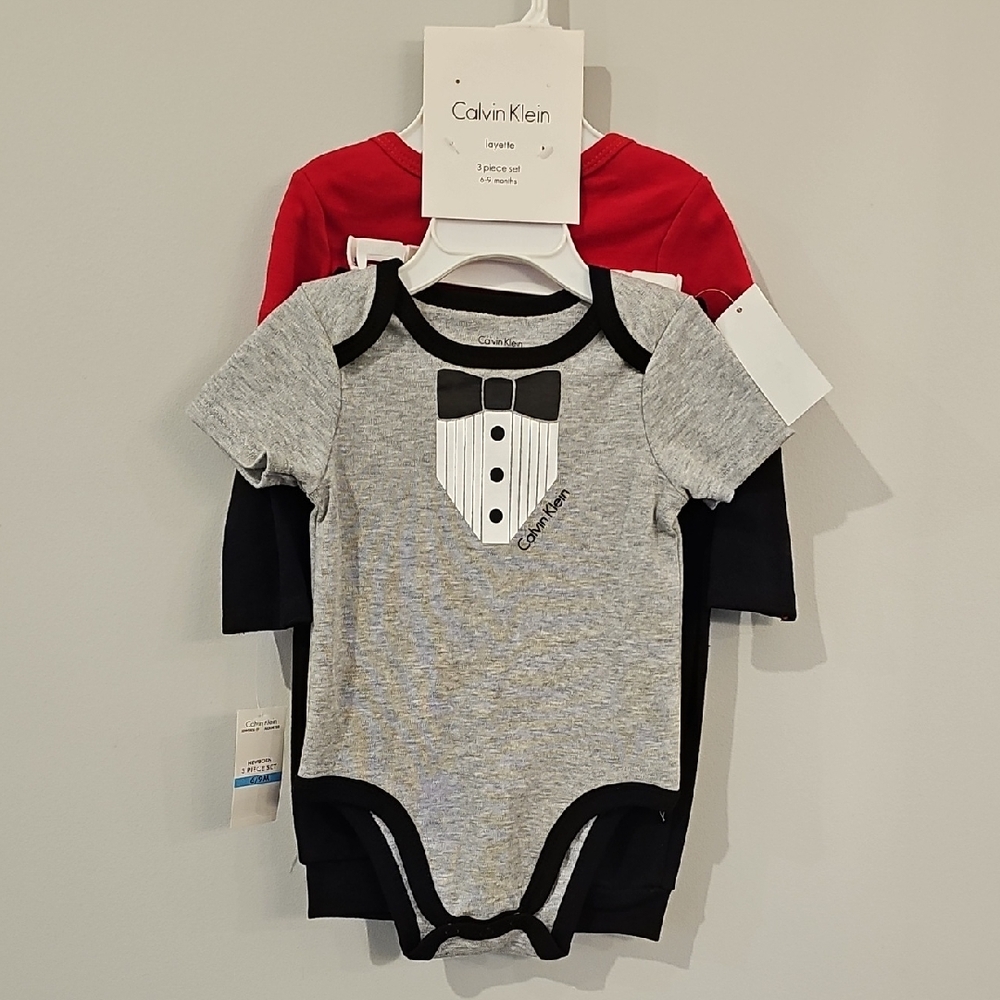 Calvin Klein Gray and Red Tuxedo Print Baby Onesie Set